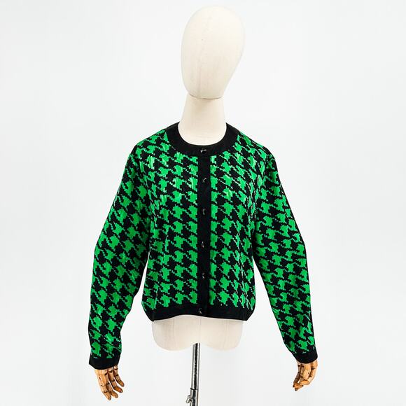 90s Jaymee Papell Black Green Satin Houndstooth Jacket Blazer - Picture 1 of 6
